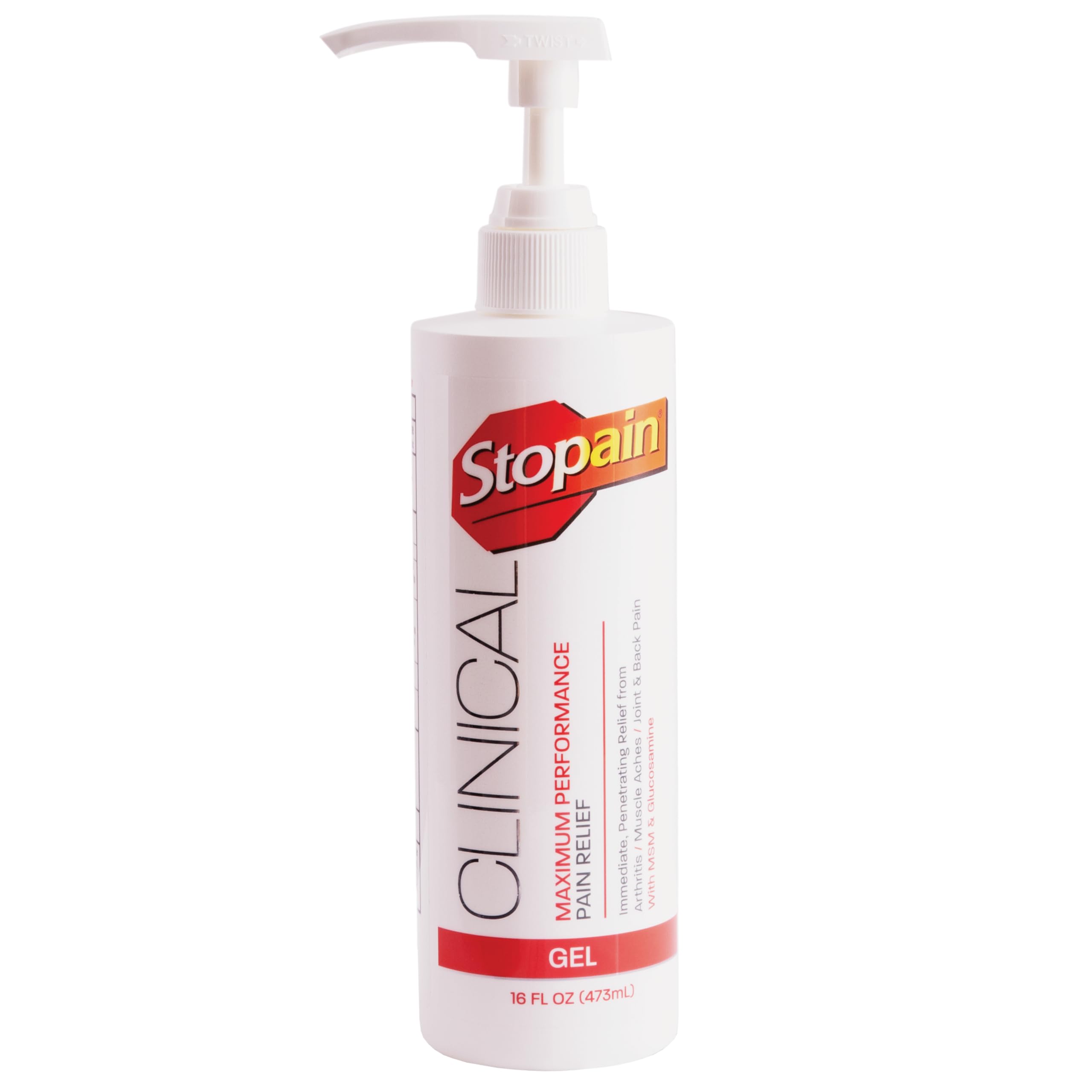 Stopain Clinical Pain Relief Gel 16 oz bottle, non-greasy and fast-acting for joints.