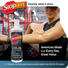 Stopain application on shoulder illustrates easy therapeutic rub for relief.