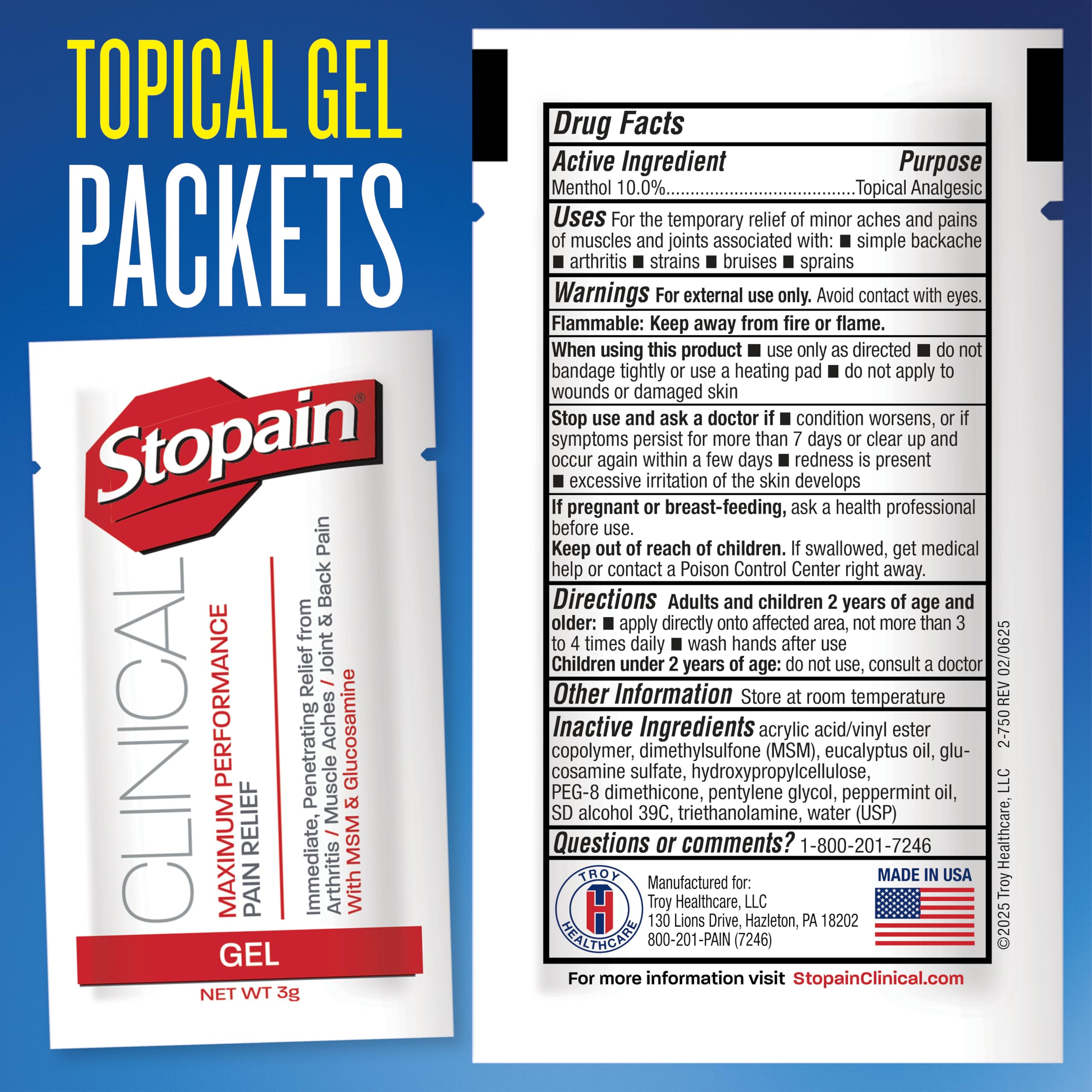 Label highlights menthol, eucalyptus, and peppermint oils for refreshing relief