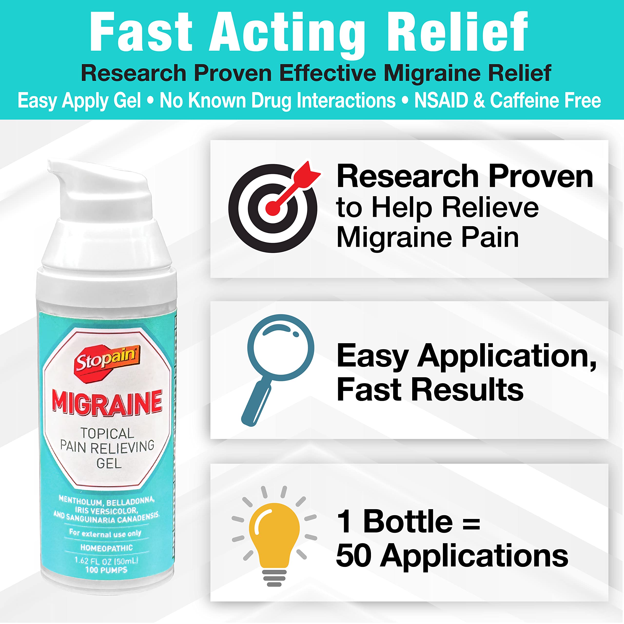 Stopain Migraine Gel Pump cap open shows ready-to-use relief for quick use.