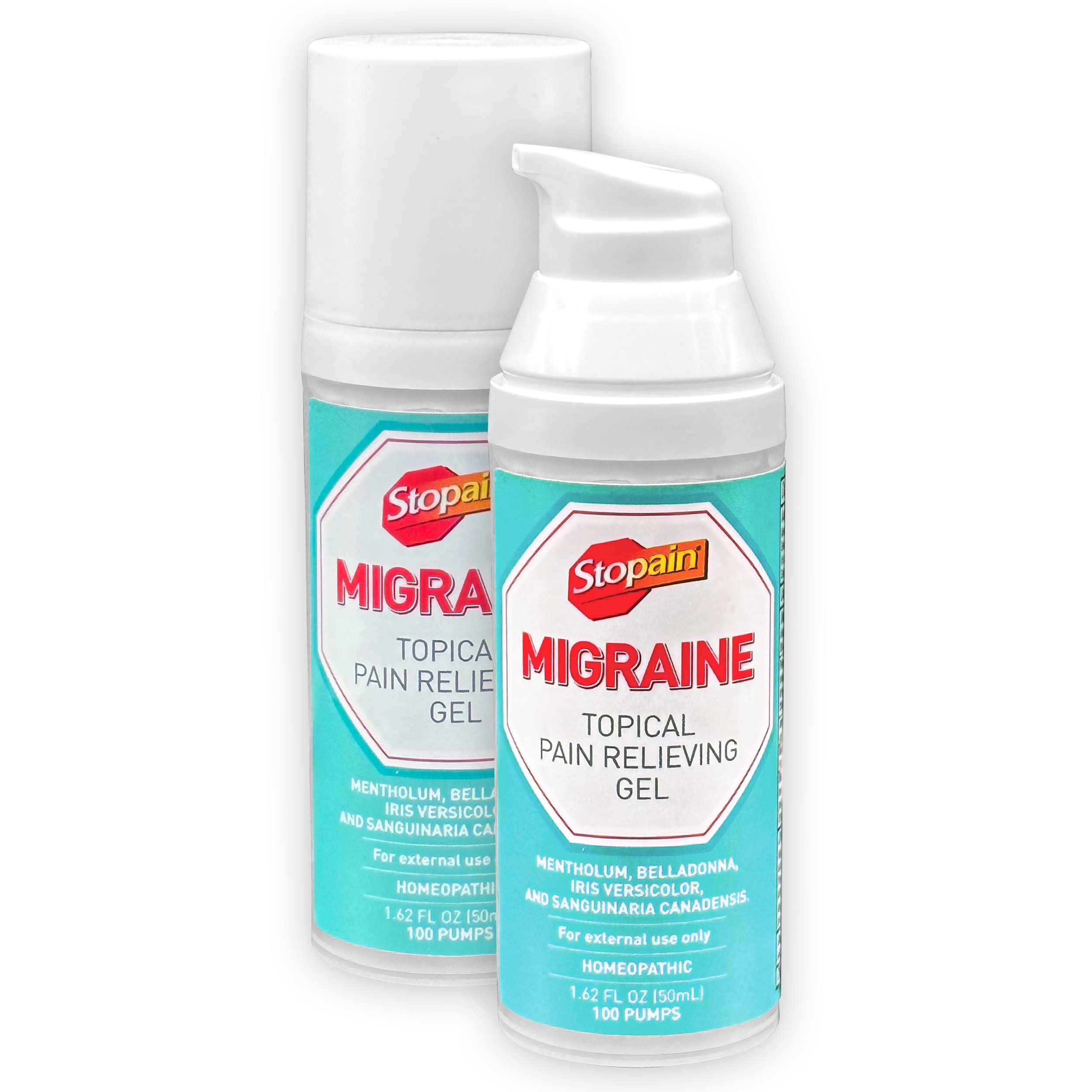 Stopain Migraine Gel Pump packaging on counter highlights USA-made quality.