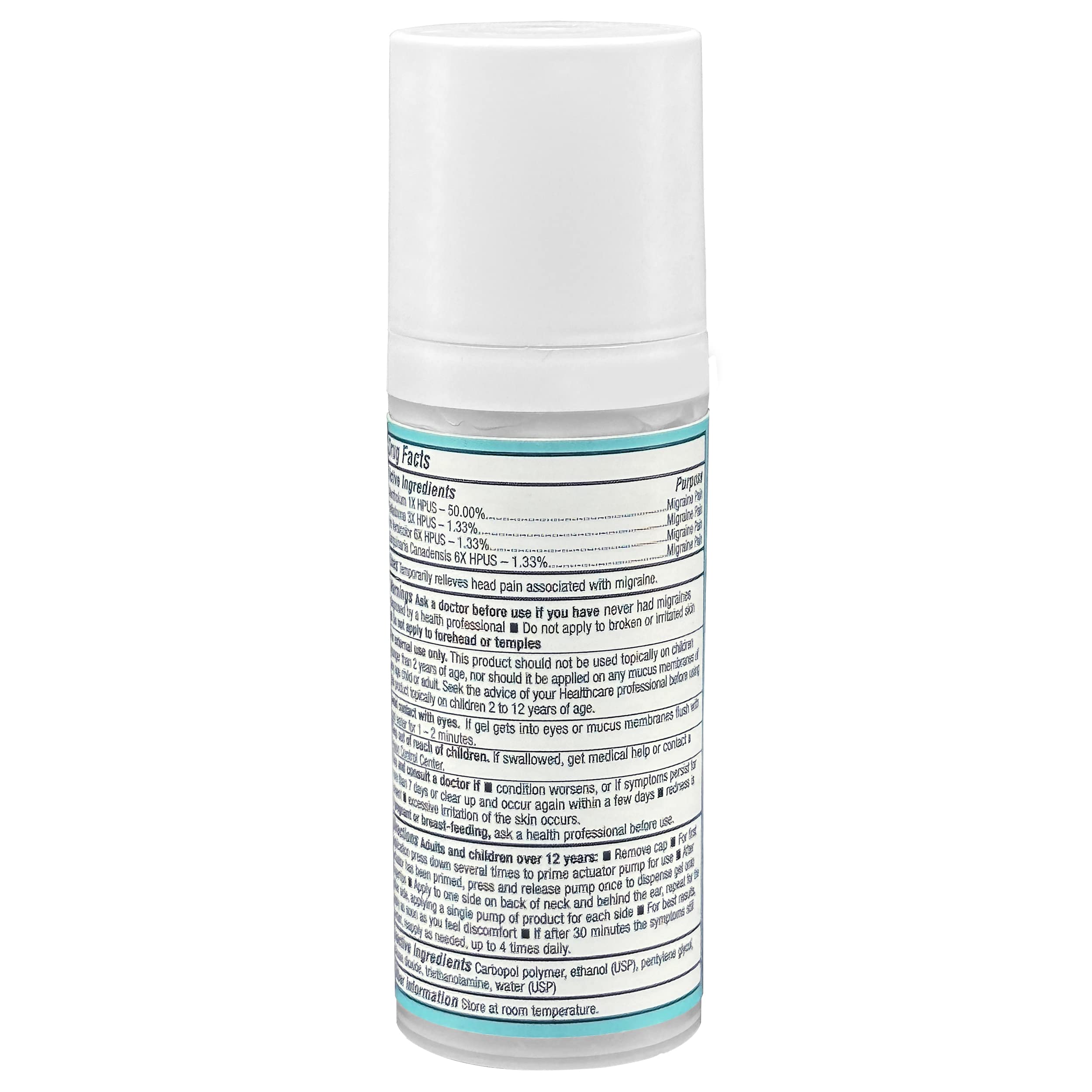 Stopain Migraine Gel Pump label emphasizes USA-made credibility and safety.
