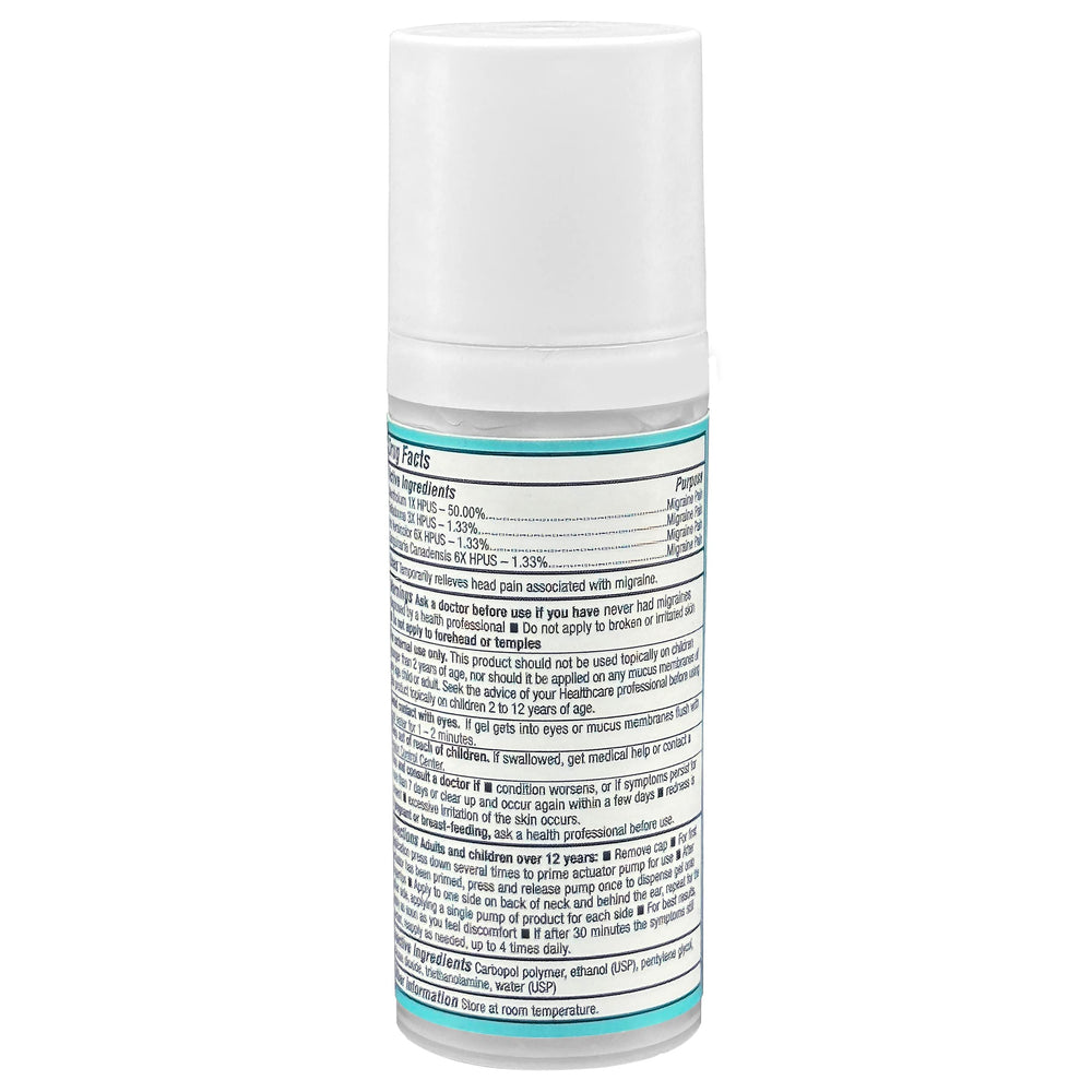 Stopain Migraine Gel Pump label emphasizes USA-made credibility and safety.