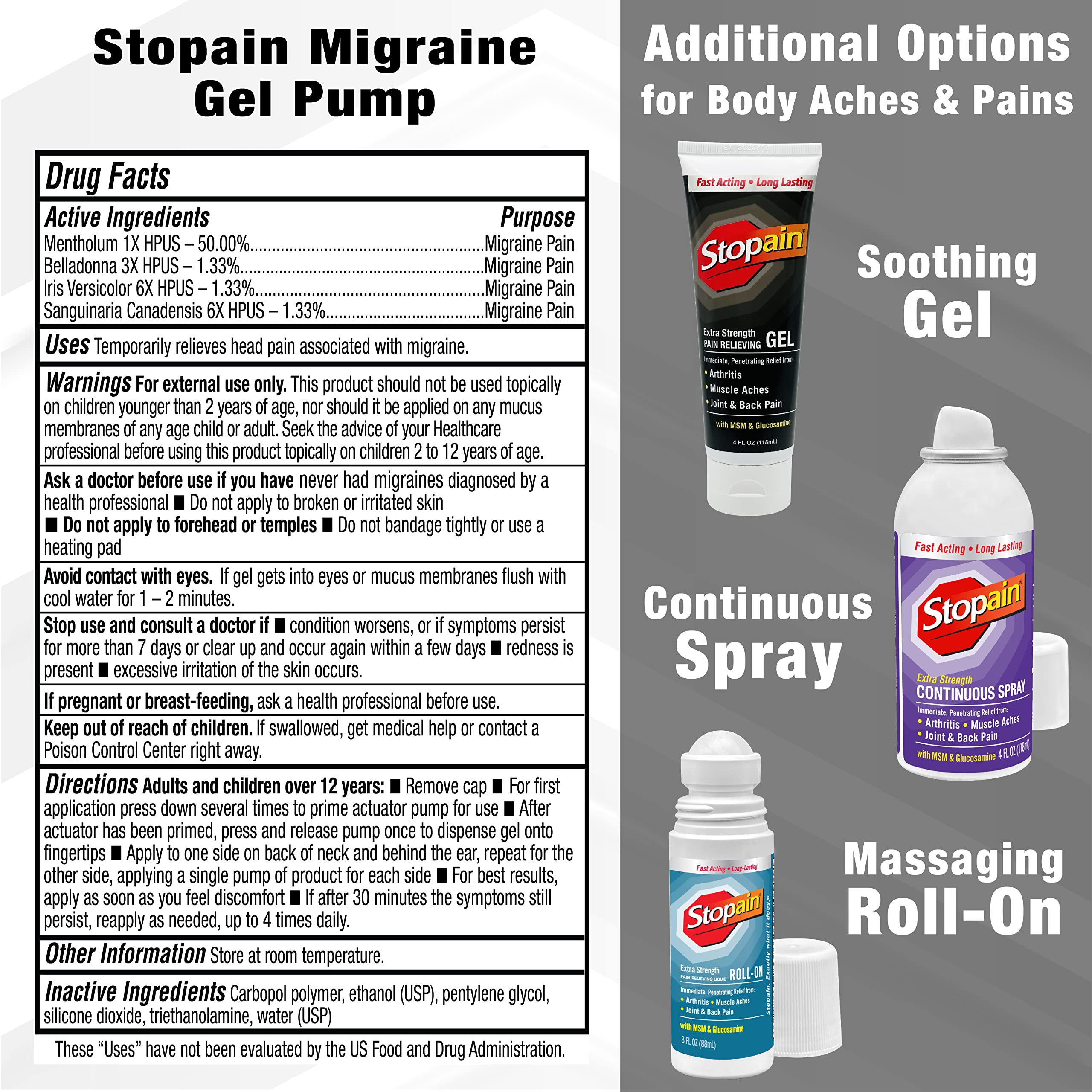 Stopain Migraine Gel Pump being applied to the temple area for targeted relief.
