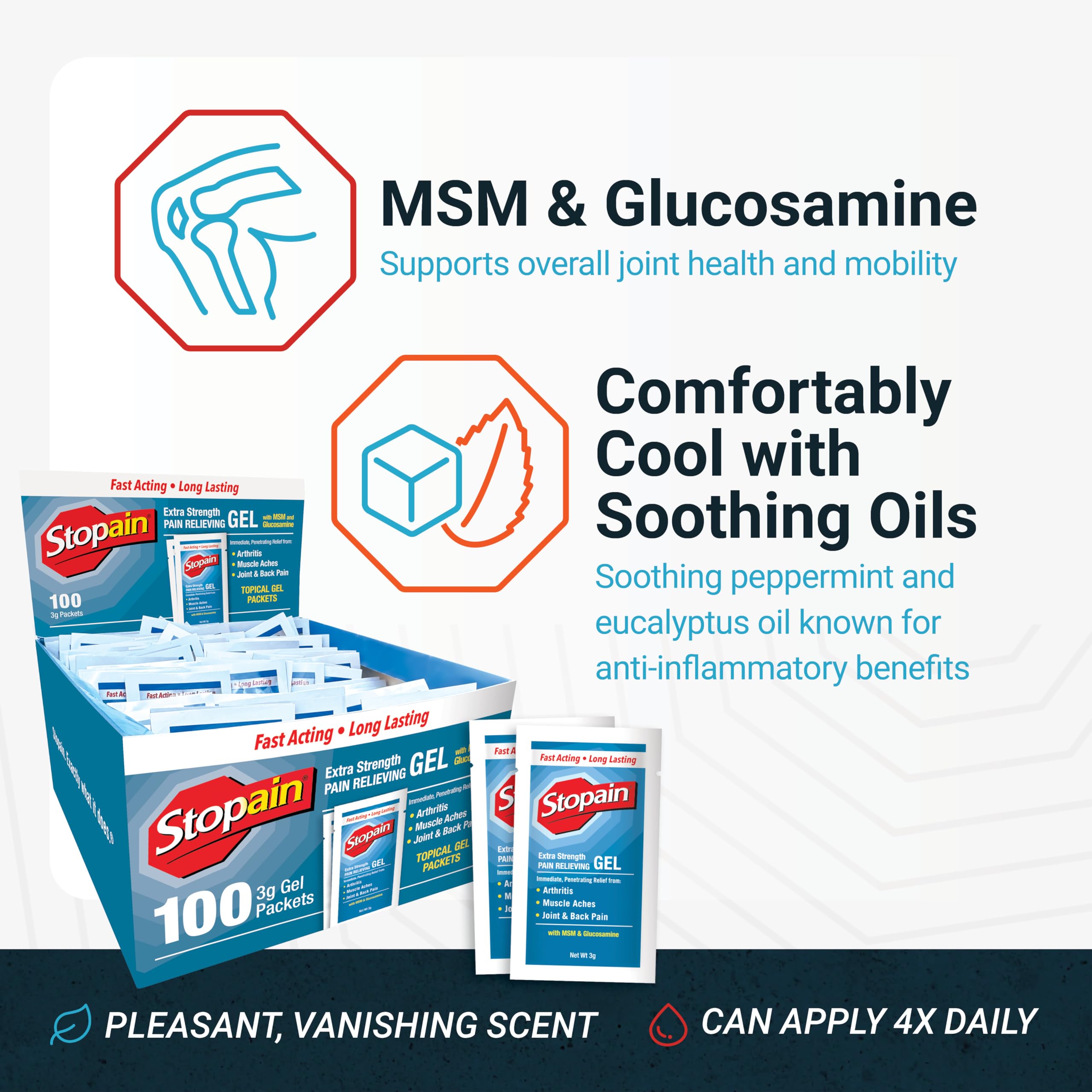 Stopain MSM and glucosamine formula supports joint flexibility.