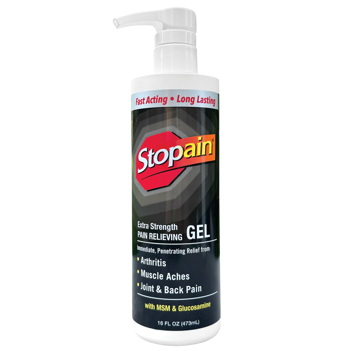 Stopain Pain Relief Gel 16oz bottle shown for fast topical relief.