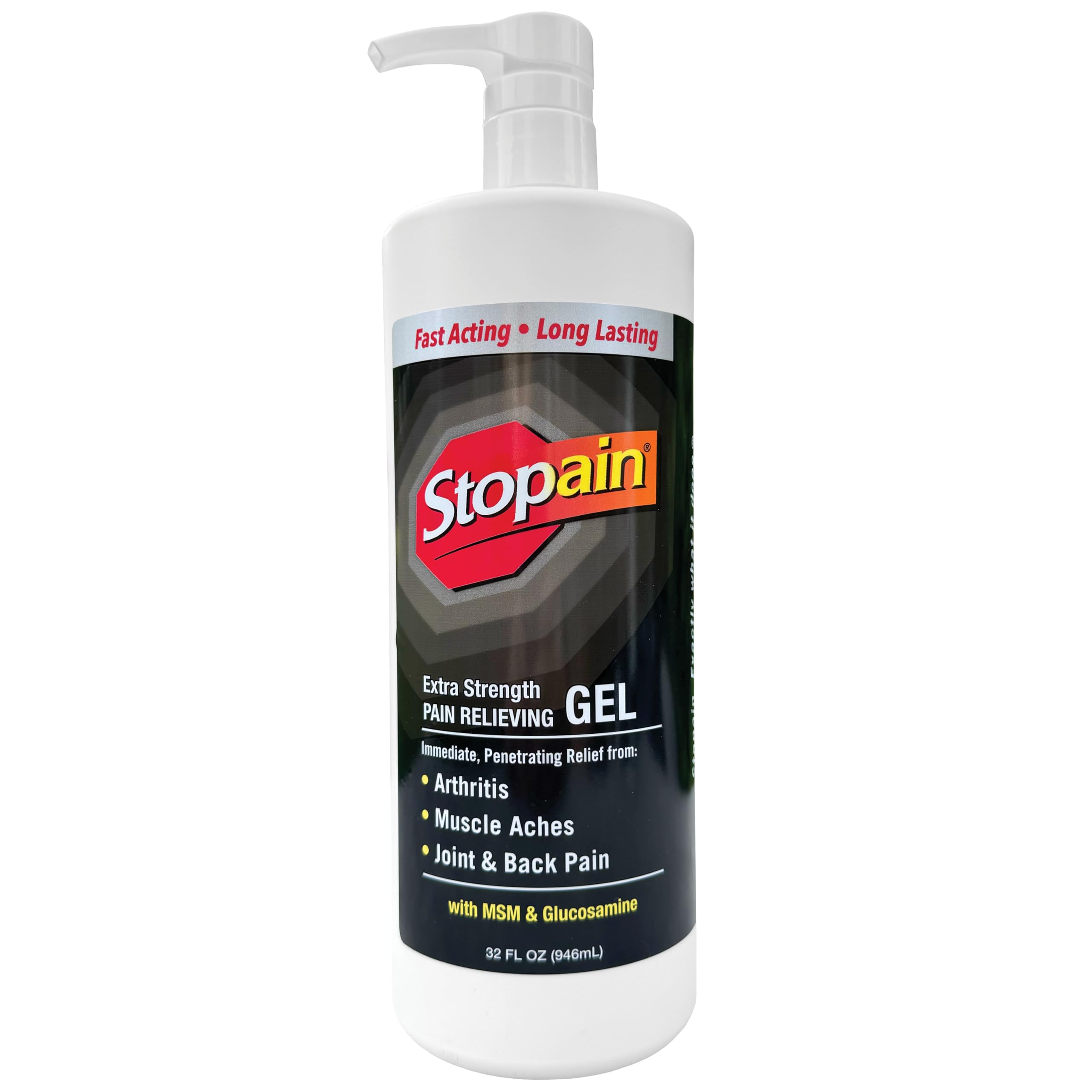 Stopain Pain Relief Gel 32oz bottle front shows trusted USA-made topical analgesic for fast relief.
