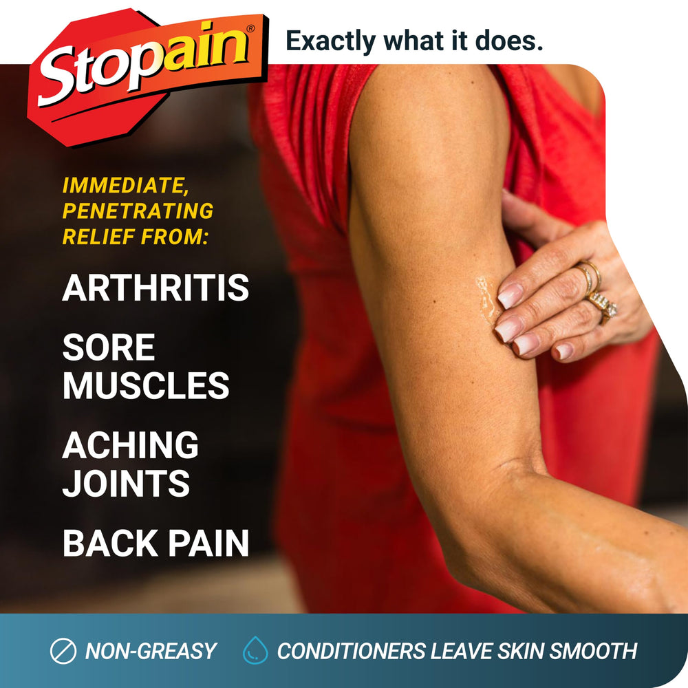 Stopain Pain Relief Gel 32oz bottle side highlights the large size for long-lasting use.