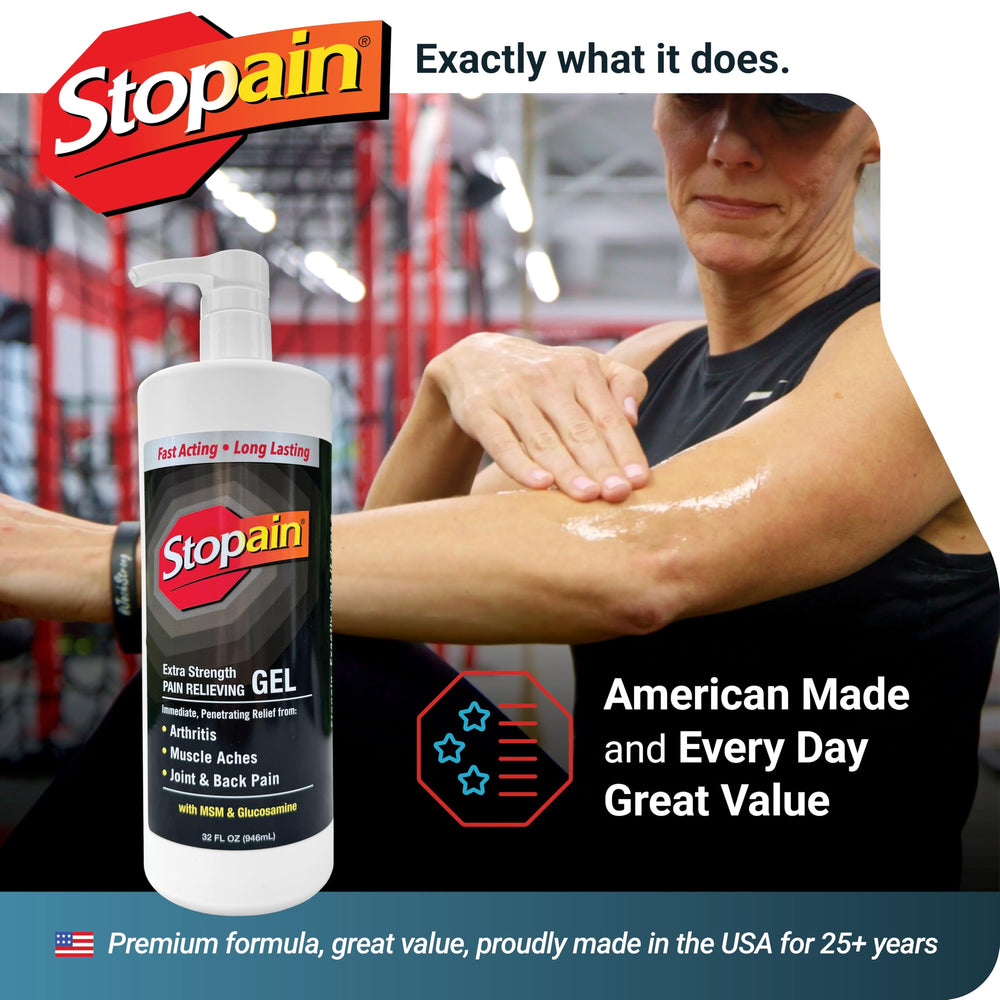 Stopain Pain Relief Gel applied to knee demonstrates targeted comfort during activity.