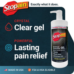 Stopain Pain Relief Gel application on shoulder illustrates easy topical use.