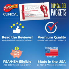 Packaging of Stopain Pain Relief packets on desk for clinics