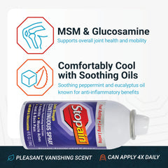 Stopain Pain Relief Spray applied on knee shows convenient on-the-spot relief.