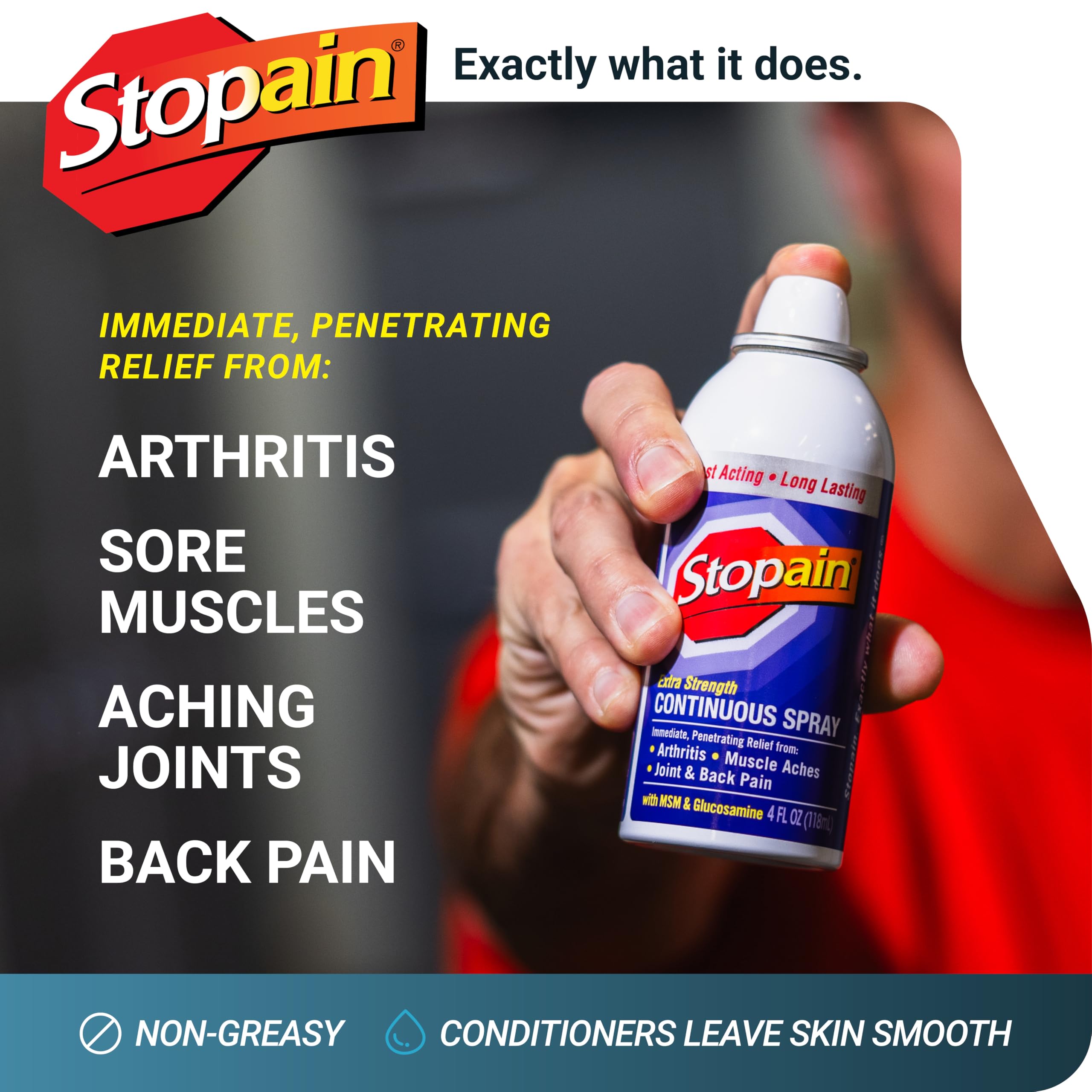 Stopain Pain Relief Spray bottle side view, non-greasy application for quick relief.
