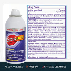 Stopain Pain Relief Spray mist disperses evenly for quick, non-staining coverage.