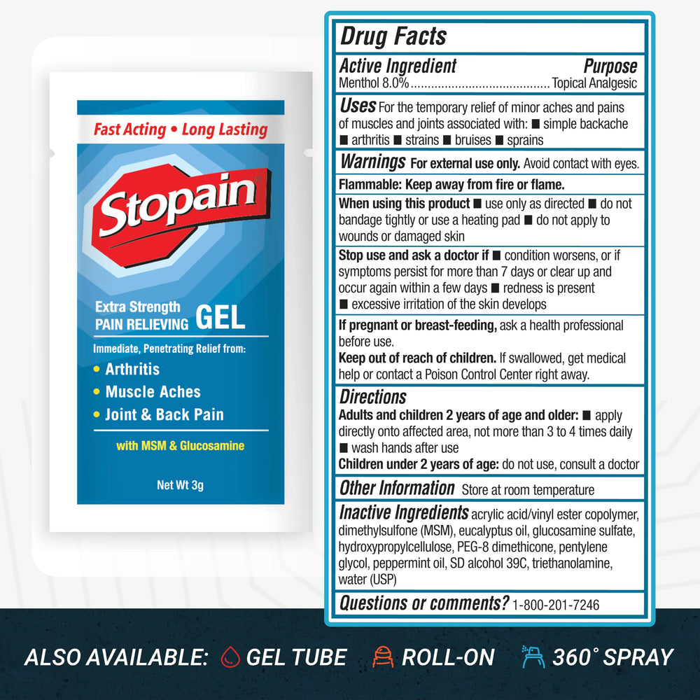 Stopain travel-friendly gel packets for TSA-approved relief.