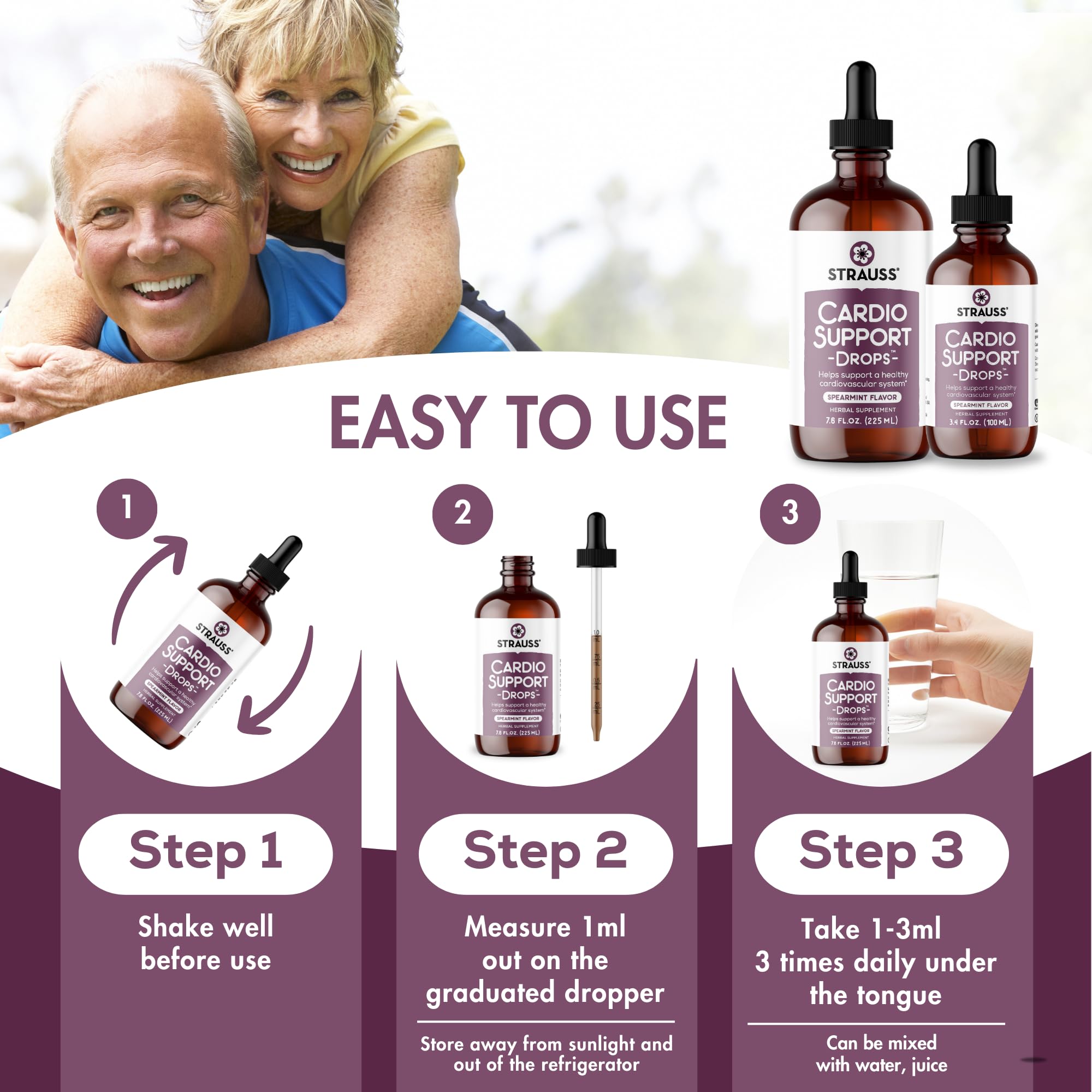 Strauss Heartdrops Cardio Support bottle pour showing easy-dose flow for daily routines.