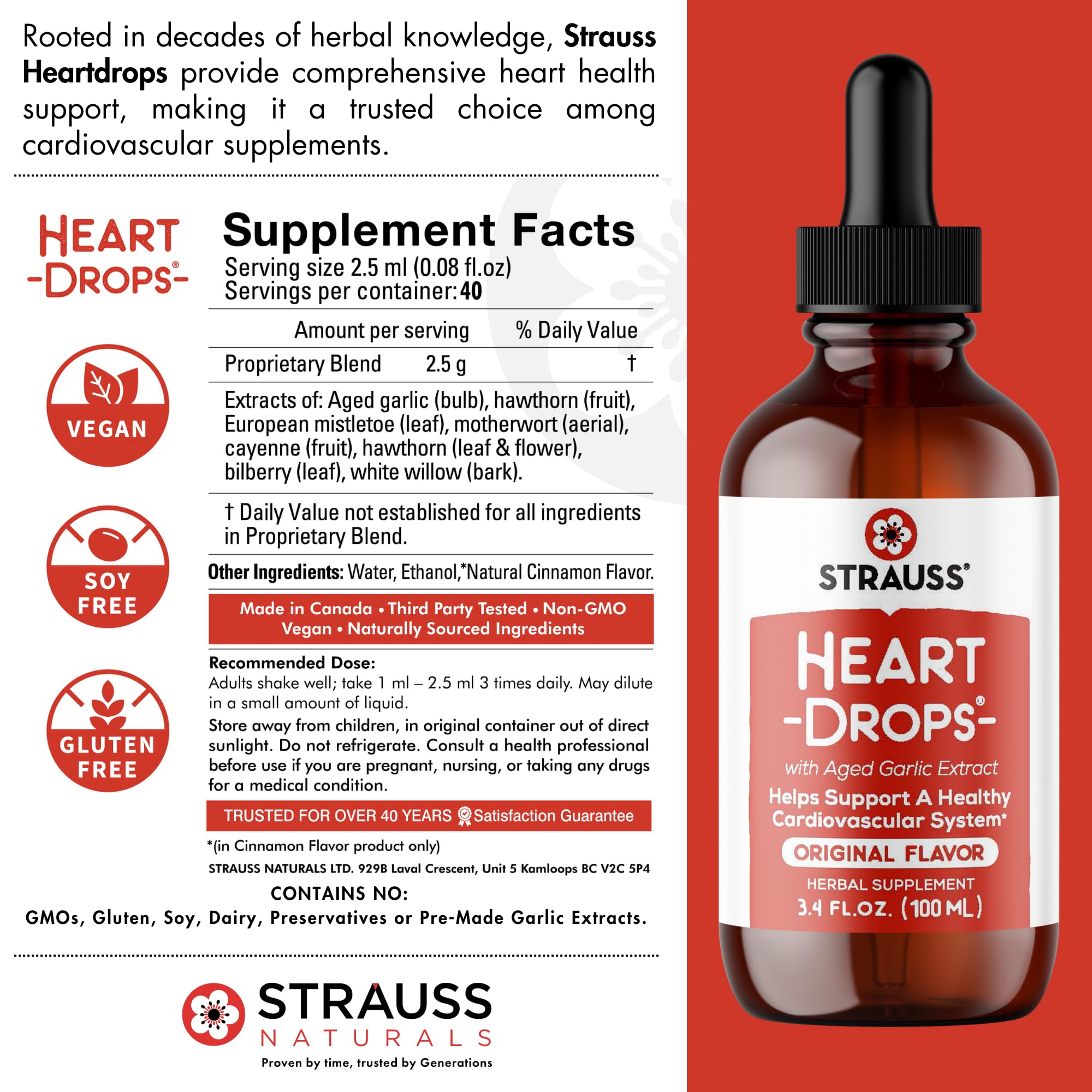 Strauss Heartdrops ingredients closeup with aged garlic and botanicals