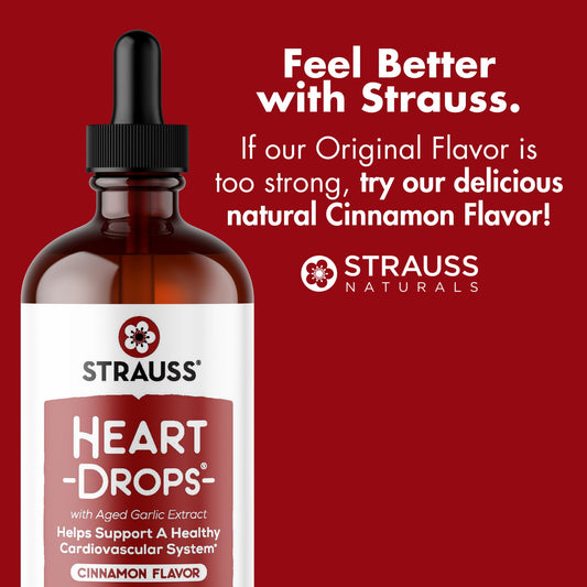 Strauss Naturals Heart Drops label reveals garlic extract and hawthorn ingredients.