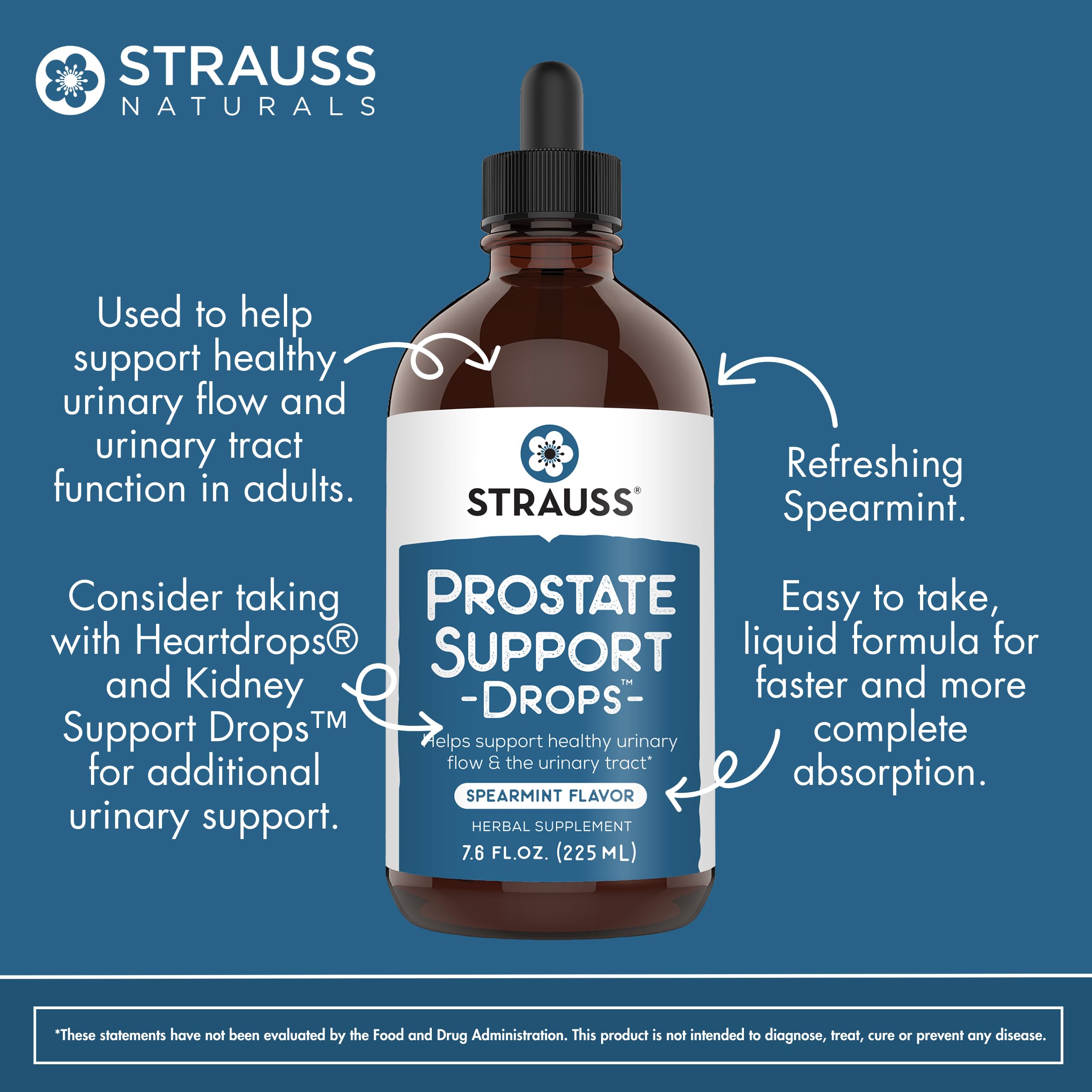 Dropper dispensing drops for easy daily dosing with Strauss Naturals Prostate Support Drops.