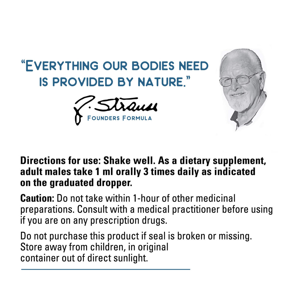 Packaging emphasizes gluten-free and non-GMO attributes for Strauss Naturals Prostate Support Drops.