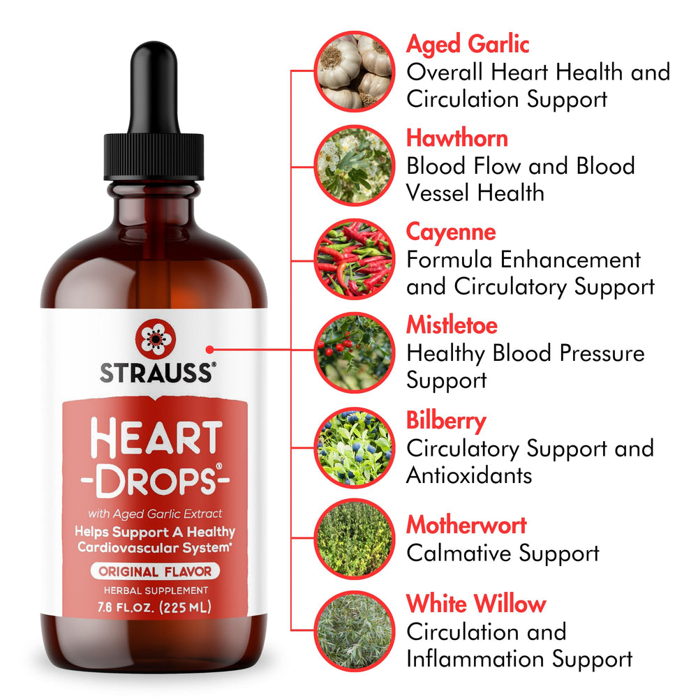 Strauss Naturals Heart Drops herbal heart health formula bottle illustrates botanicals for balanced wellness