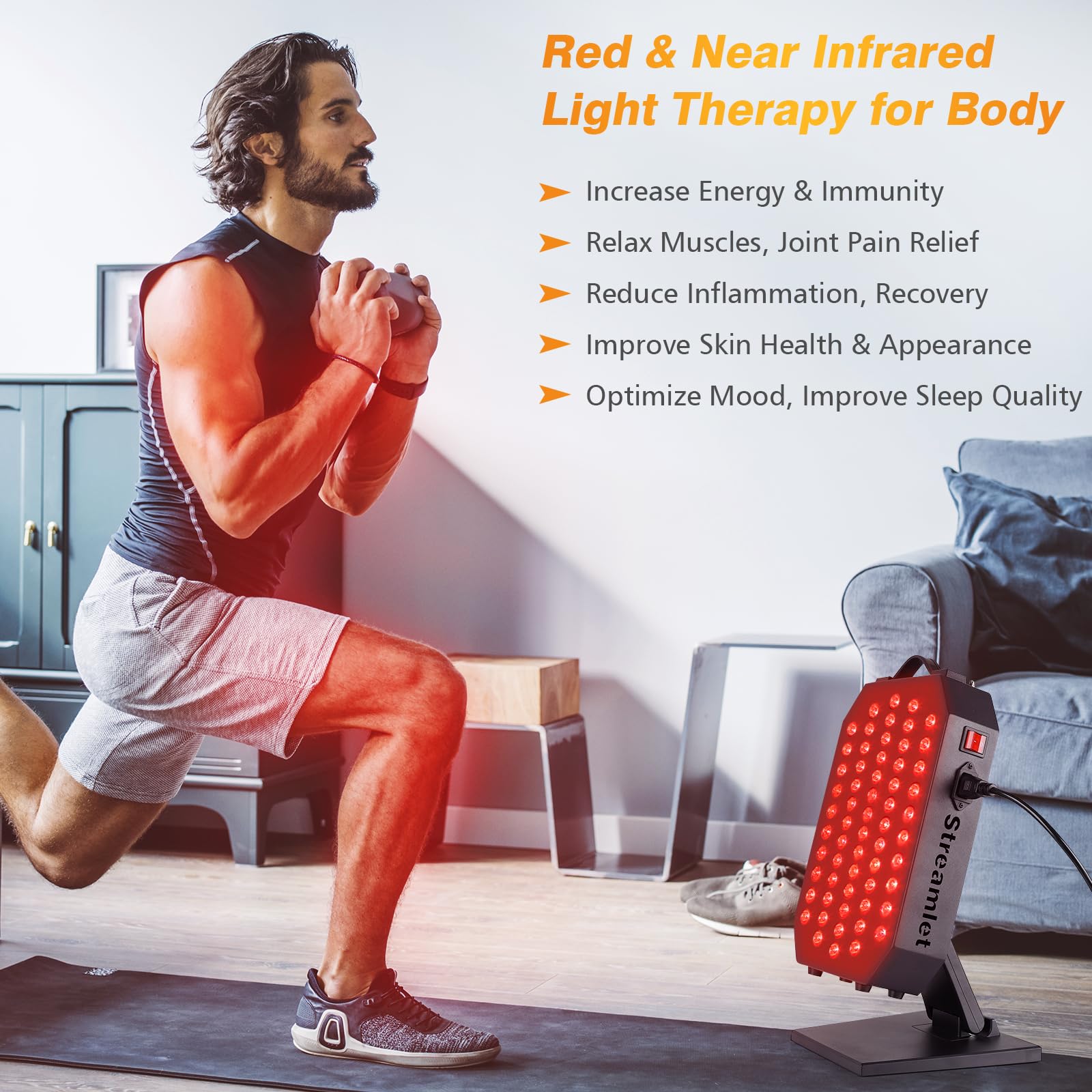 Streamlet red light panel used for full‑body sessions at home.
