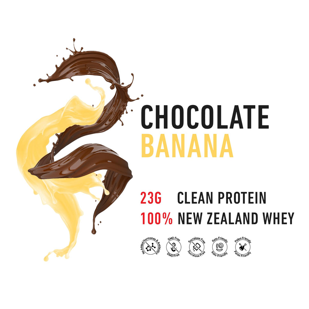 Strength Genesis shake poured beside fruit demonstrates easy, low-carb fueling.