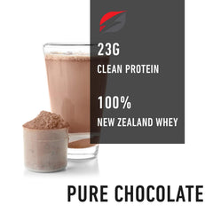 Strength Genesis Pur Zealander whey chocolate closeup texture highlighting fine powder.
