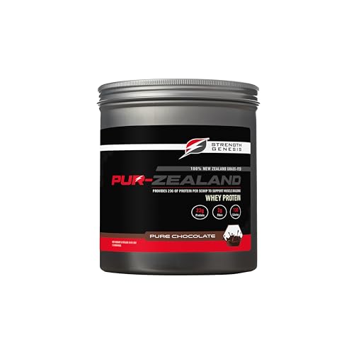 Strength Genesis Pur Zealander whey chocolate tub closeup showing rich powder.