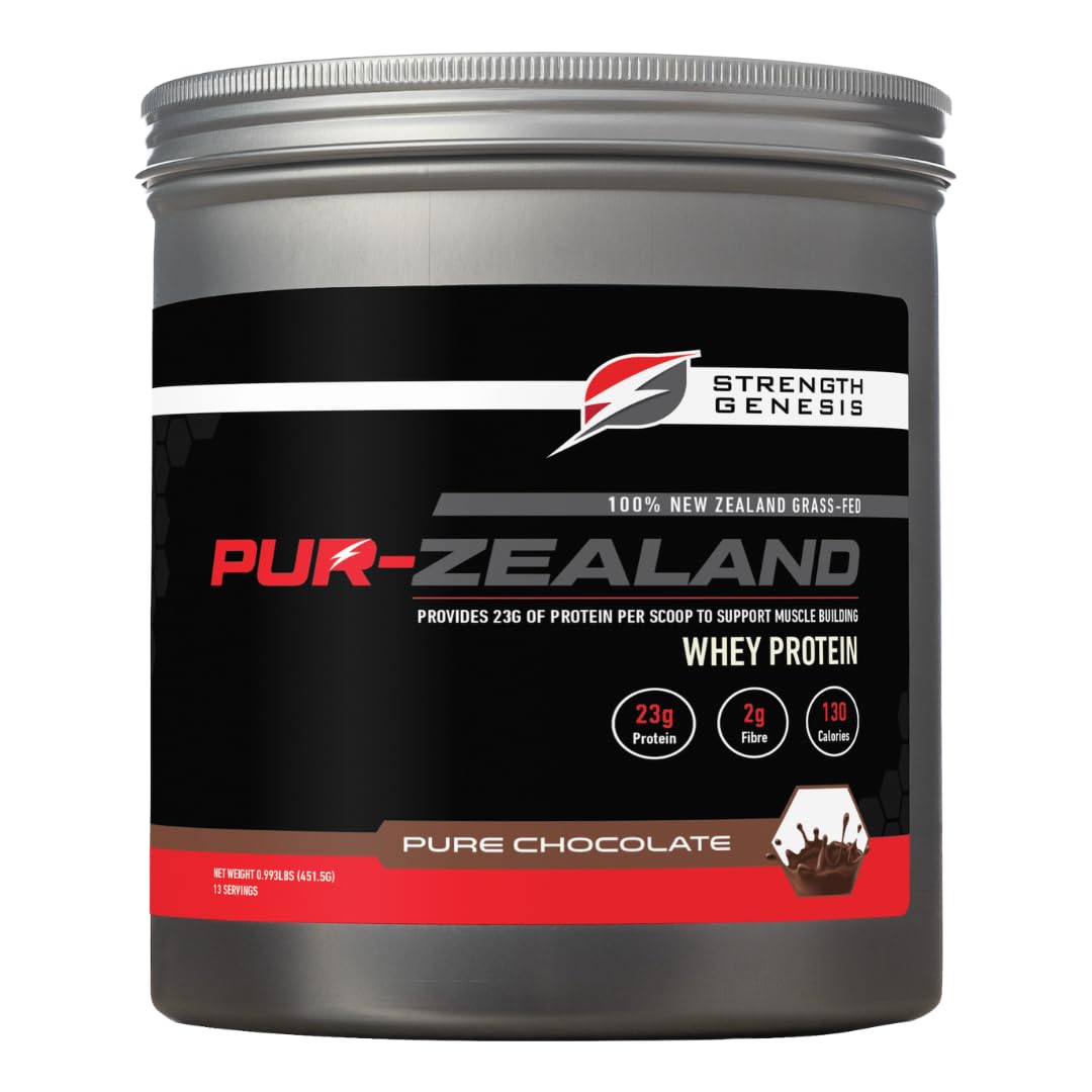Strength Genesis Pur Zealander whey chocolate tub front for premium protein on the go.