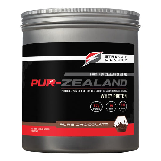 Strength Genesis Pur Zealander whey chocolate tub front for premium protein on the go.