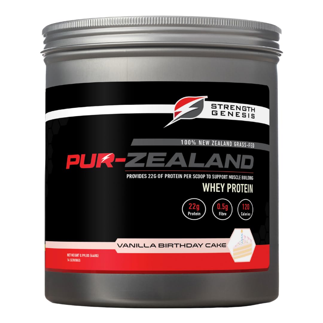 Strength Genesis Pur Zealander Whey Vanilla tub front signals premium grass-fed protein for clean fueling.
