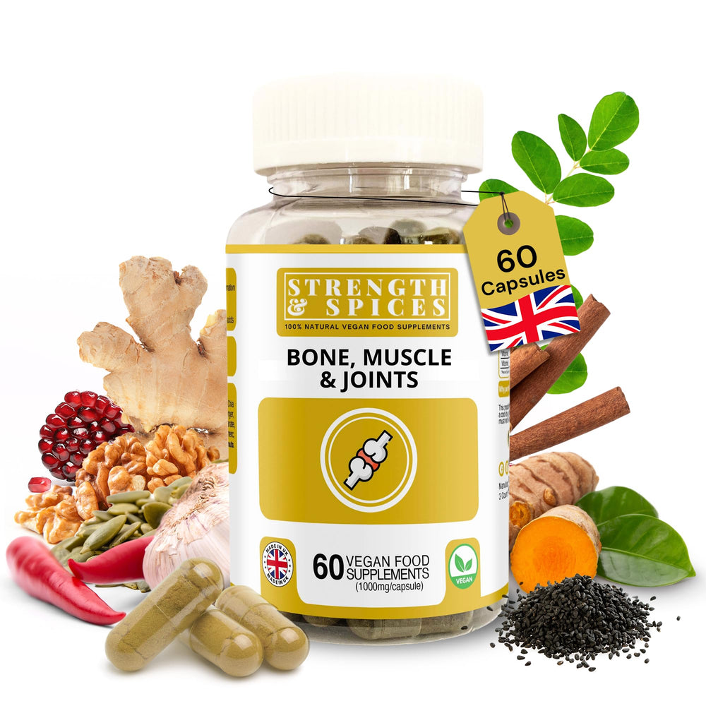 Strength & Spices bone and joints bottle highlighting 60 vegan capsules for mobility
