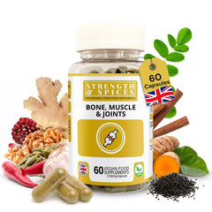 Strength & Spices bone and joints bottle highlighting 60 vegan capsules for mobility