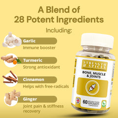 Strength & Spices label shows 28 natural ingredients for joint nourishment