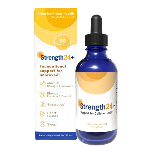 Strength24 Vitality Drops bottle on display, convenient daily energy and bladder support.