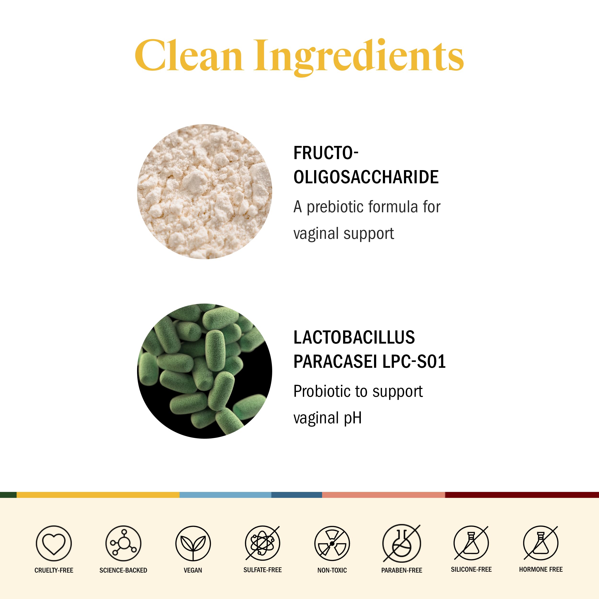 STRIPES Naomi Watts label emphasizes ingredients for vaginal microbiome support.