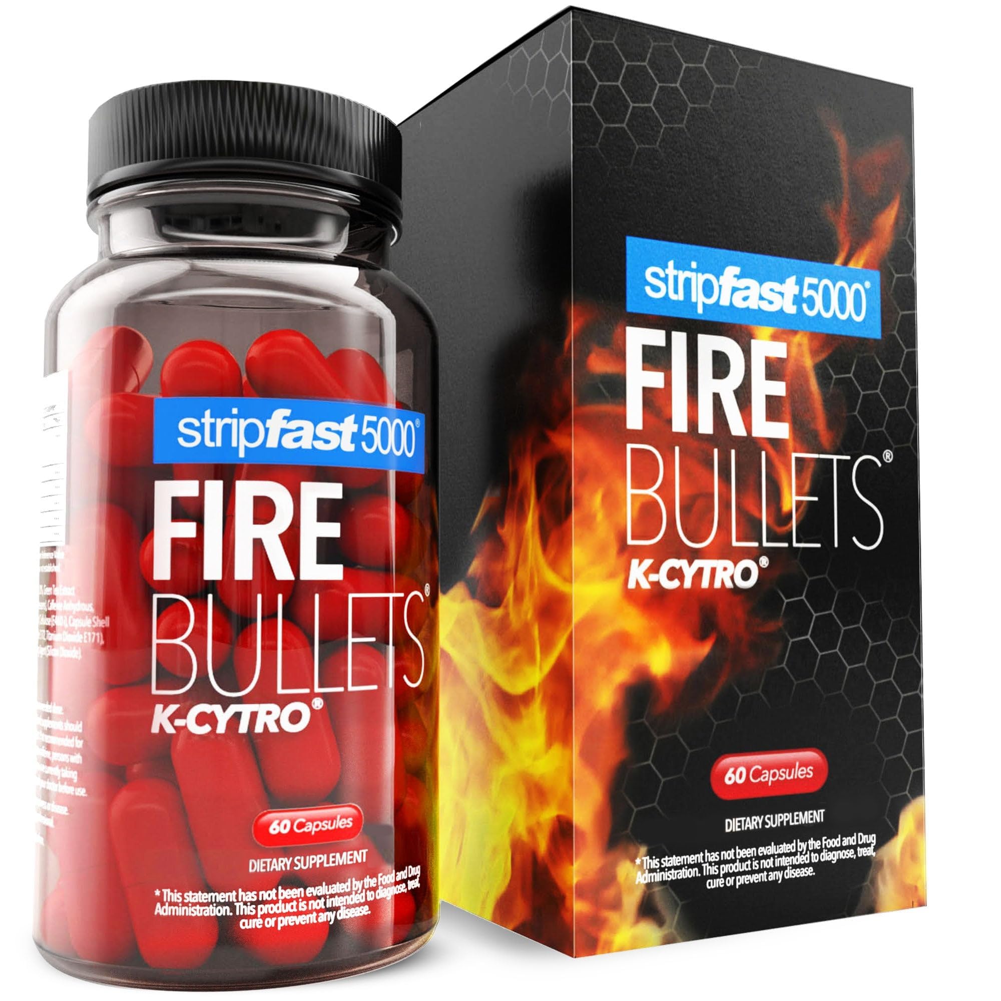 stripfast5000 Fire Bullets bottle shows convenient energy capsules for workouts.