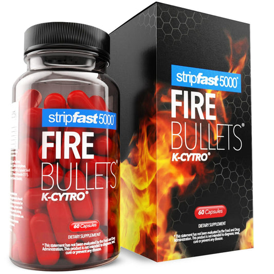 stripfast5000 Fire Bullets bottle shows convenient energy capsules for workouts.