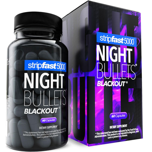 Stripfast5000 Night Bullets bottle on nightstand supports calm nightly wellness