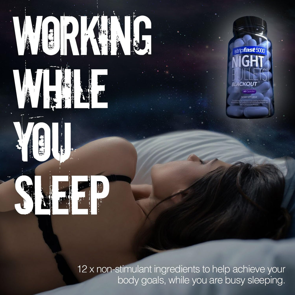 Close-up of Stripfast5000 Night Bullets capsules highlighting stimulant-free option