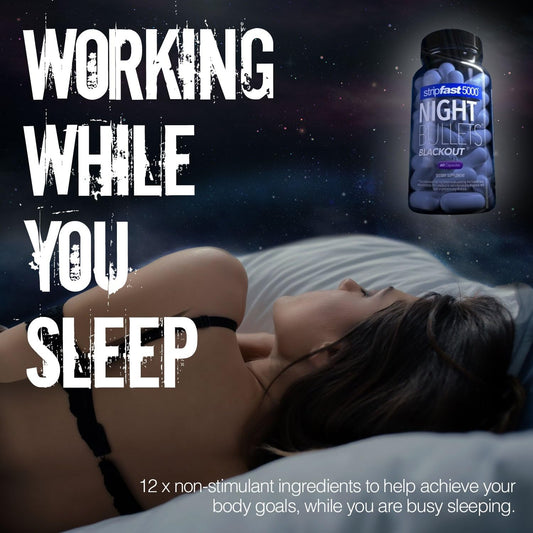Close-up of Stripfast5000 Night Bullets capsules highlighting stimulant-free option