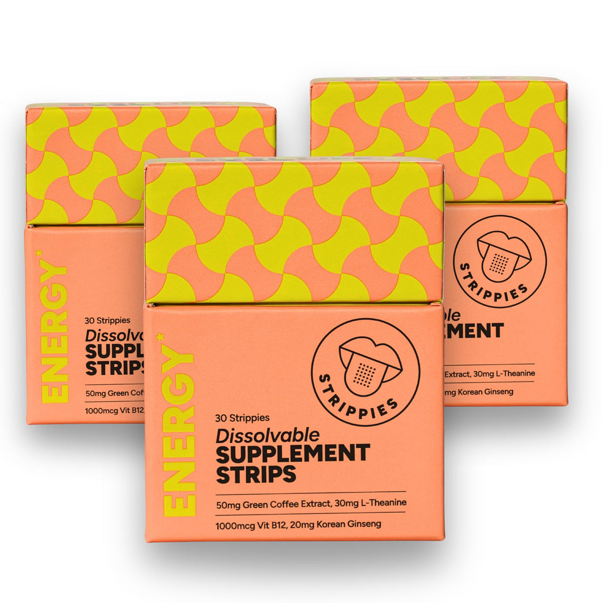 STRIPPIES dissolvable energy strips on tongue for quick, jitter-free energy.