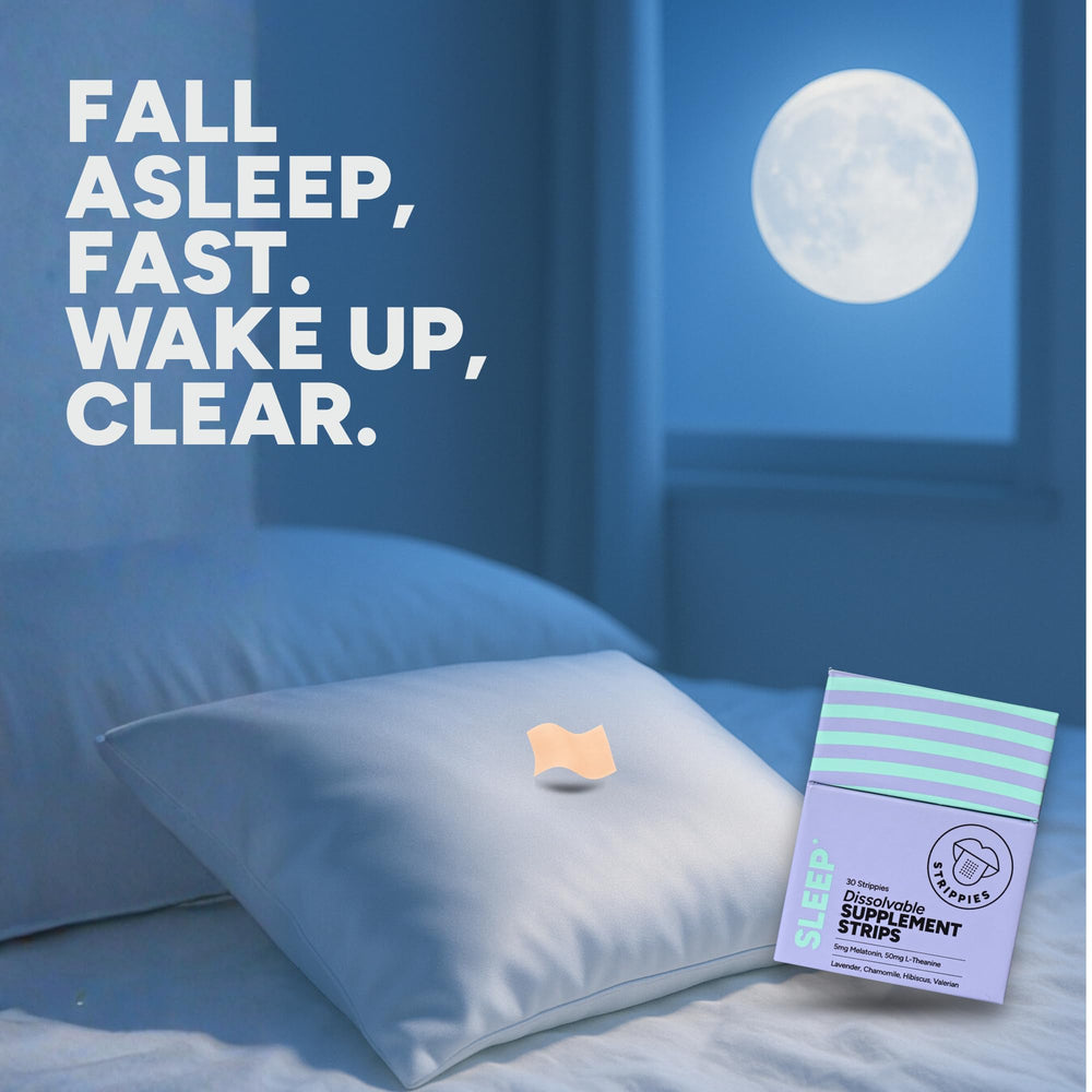 STRIPPIES cranberry-flavored sleep strip ready for bedtime ritual.