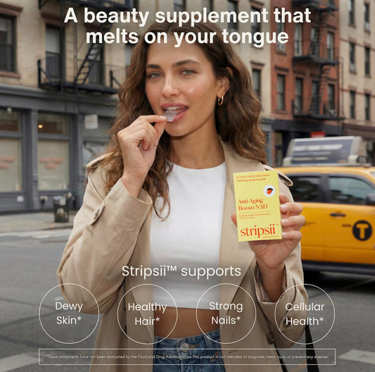 Stripsii tropical flavor strip close-up, highlighting sugar-free formula.