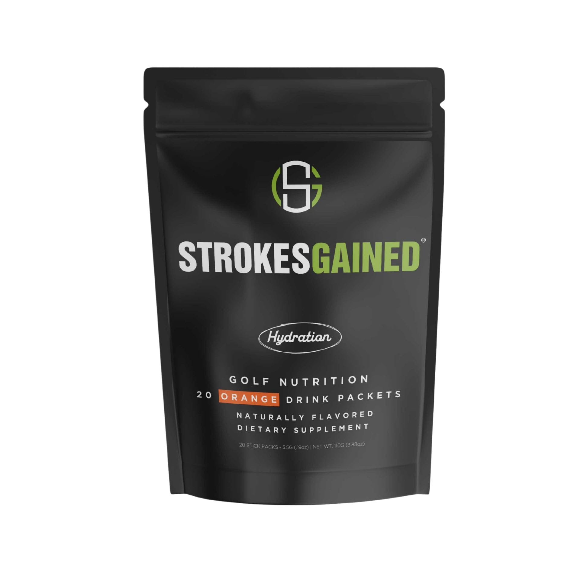 Strokes Gained Hydration orange stick pack for on-the-go golf hydration.