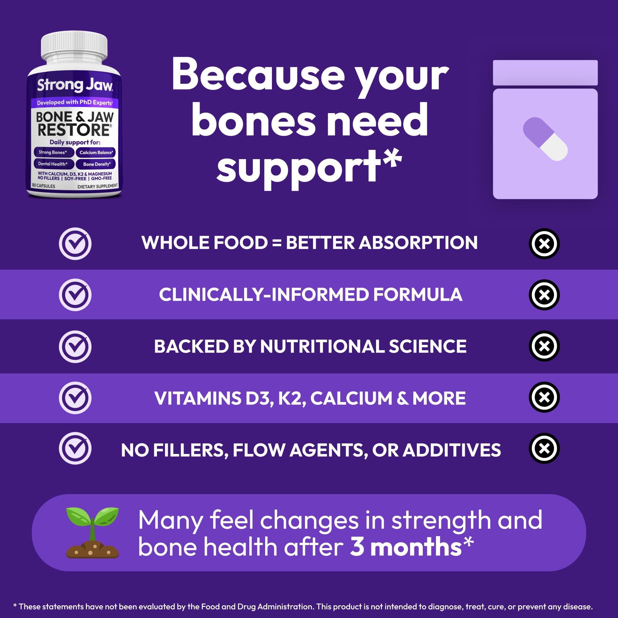 Strong Jaw 180-capsule count offers long-lasting bone nutrition supply.