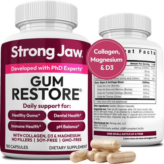 Strong Jaw Gum Restore bottle—premium packaging for daily gum and teeth support.