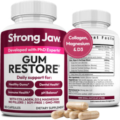 Strong Jaw Gum Restore bottle—premium packaging for daily gum and teeth support.