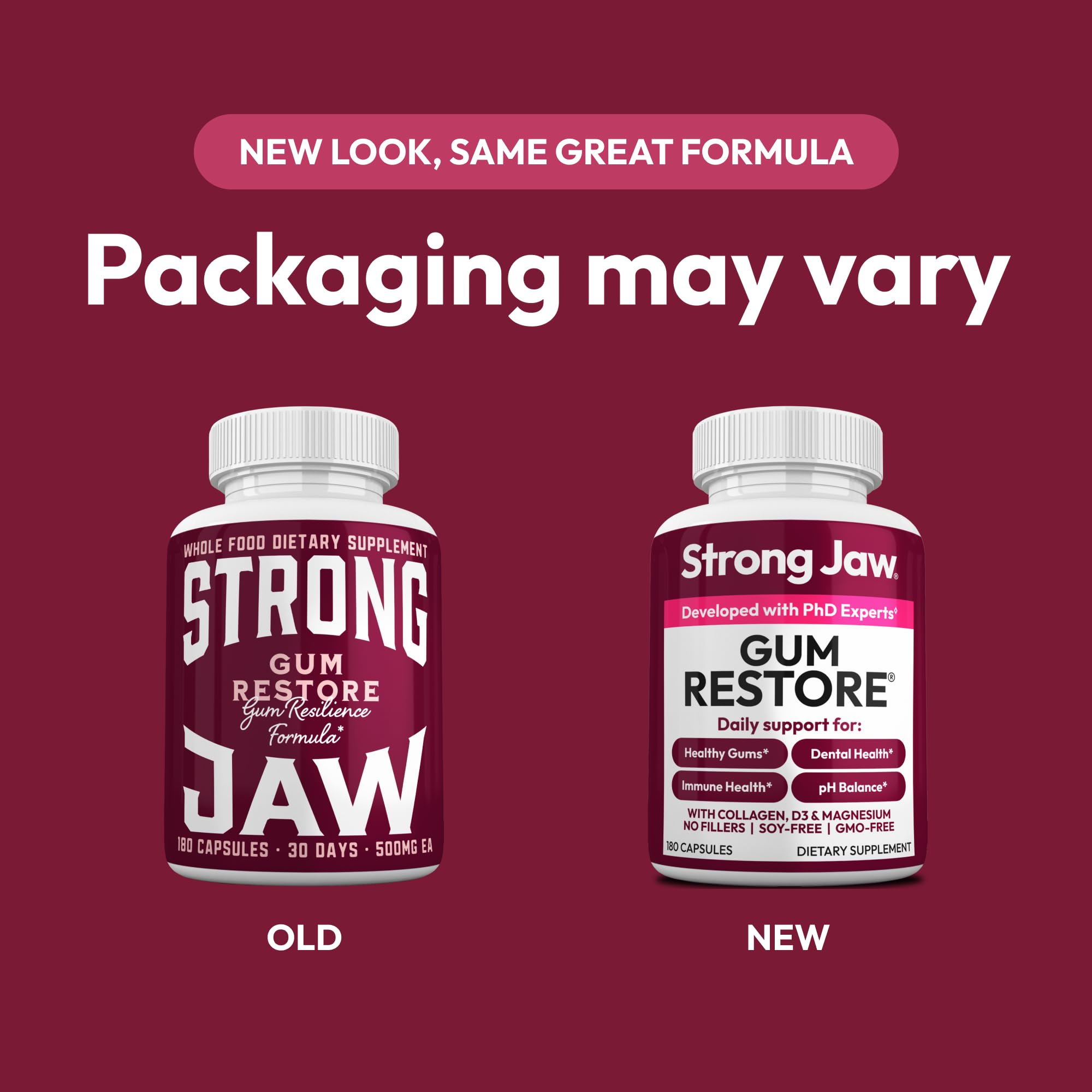 Strong Jaw Gum Restore capsules—easy daily dose for gum health and remineralization.